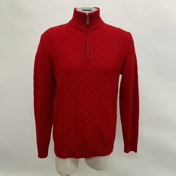 J.Crew Men's Sweater Medium Red 100% Lambs Wool Cable Zip Up Mock Neck - Picture 1 of 10